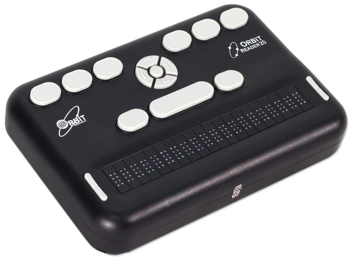 Orbit Reader 20 refreshable 20-cell braille display with Perkins-style keyboard, shown from a left angle