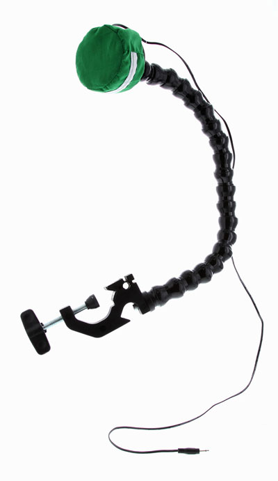 A soft pillow switch attached to a long flexible gooseneck arm with a clamp at the base for mounting to a surface.