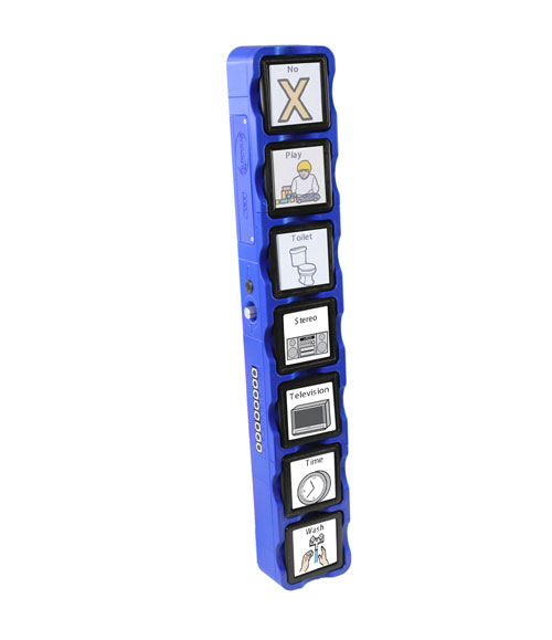 A long vertical wall-mounted unit with seven square picture-icon holders in a row and a storage pocket.