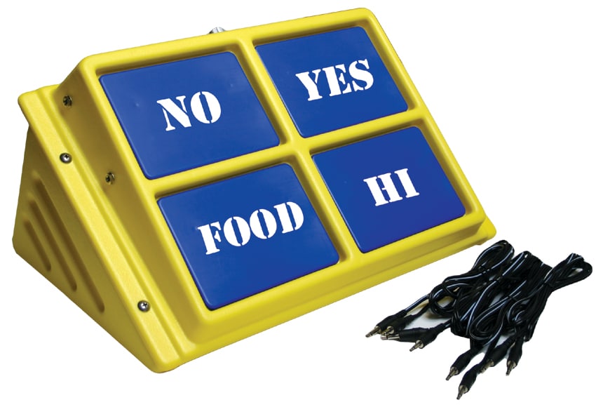 A sloped communication device with four large rectangular plate buttons arranged in a row.