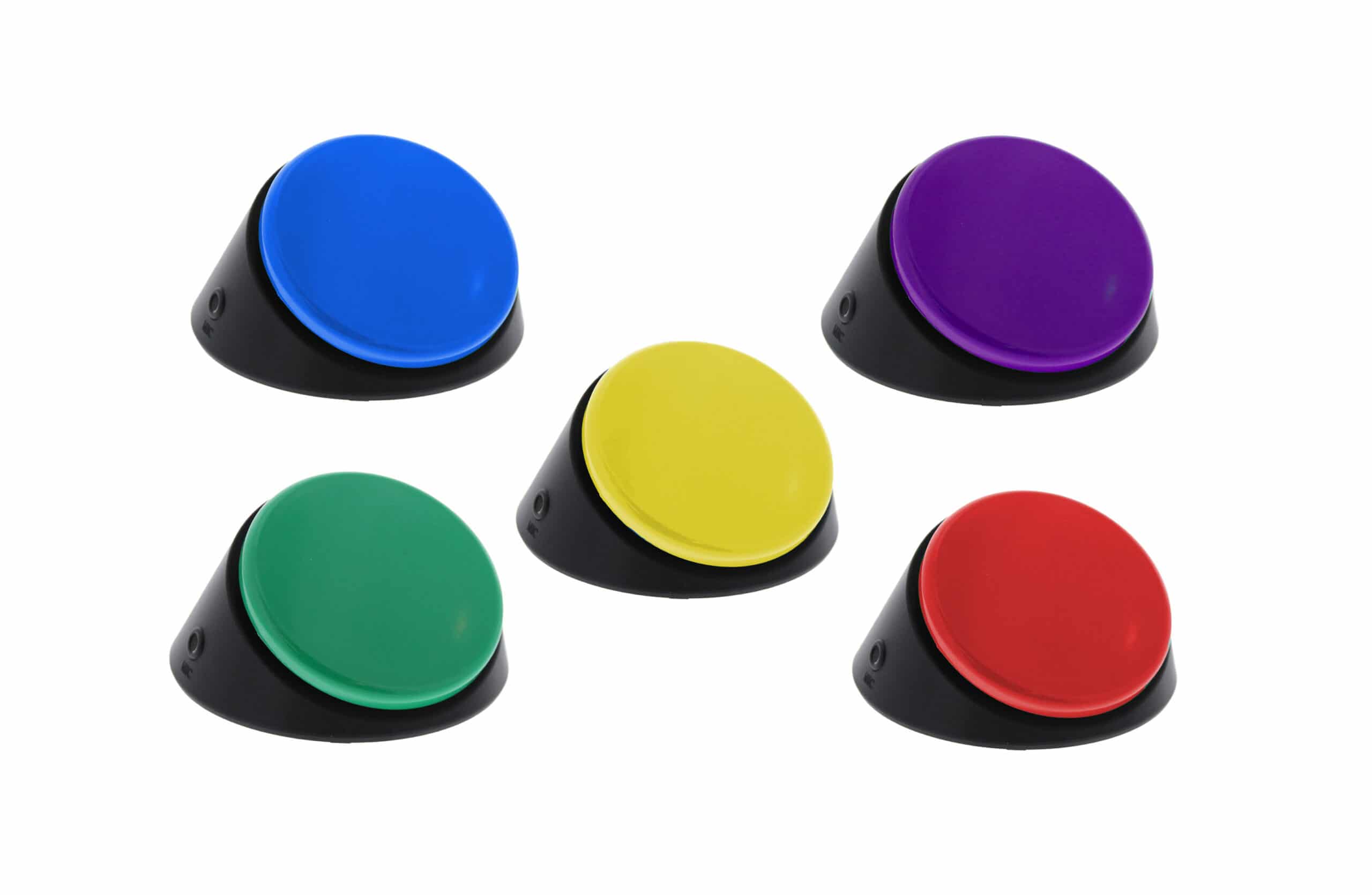 A round, dome-shaped single-button communicator switch with a large colored top surface.