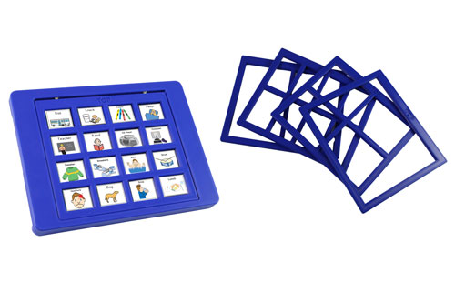 A portable AAC device with a single rectangular message window in a removable frame and recording controls along the side.