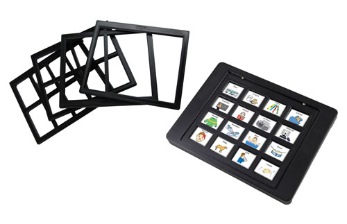 A portable AAC device with a touchpad message window in a changeable frame and recording controls on the side.
