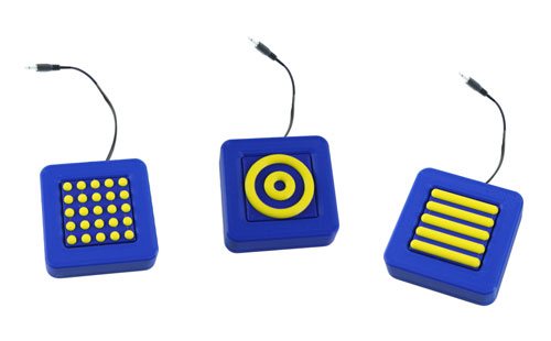 Three square switches, each with a different raised tactile surface pattern: dots, parallel lines, and concentric circles.