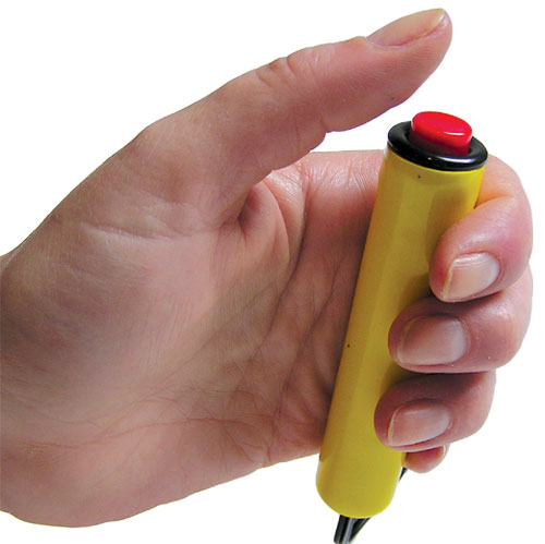 A yellow cylindrical handheld switch with a red push button on top and an attached cable.