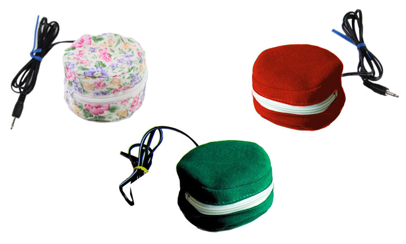 Small round soft pillow-style switches shown in floral, green and red fabric covers, each with a cable.