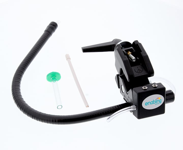 A sip-and-puff switch with a straw mouthpiece on a long flexible gooseneck attached to a three-way mounting clamp.