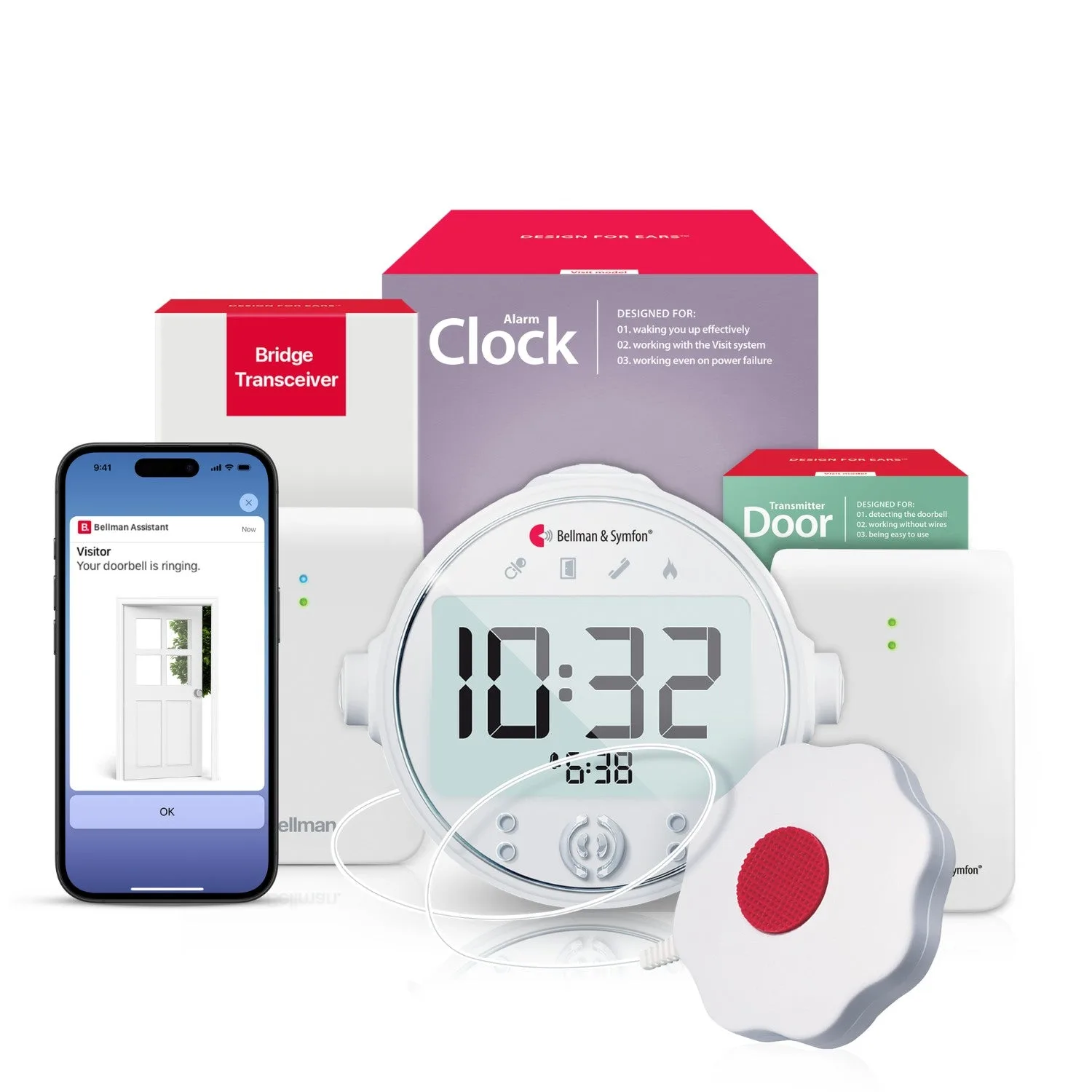 Bellman & Symfon Visit Pro alerting system with alarm clock, flash receiver, door transmitter, bed shaker and smartphone app.