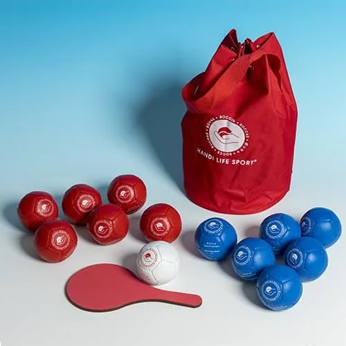 Red drawstring boccia bag with six red and six blue leather balls, a white target ball and a red-and-blue referee paddle.