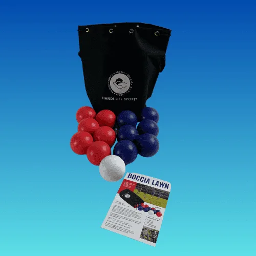 A black drawstring bag with solid red and blue outdoor boccia balls, a white target ball and a Boccia Lawn rules card.