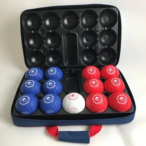 Open navy boccia case holding six-panel red and blue balls and one white target ball.