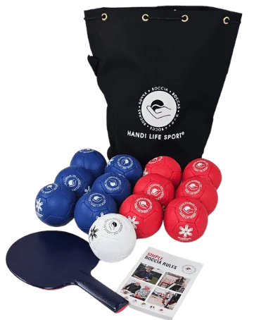 Black drawstring boccia bag with six blue and six red balls, a white target ball, a navy referee paddle and a printed rules leaflet.