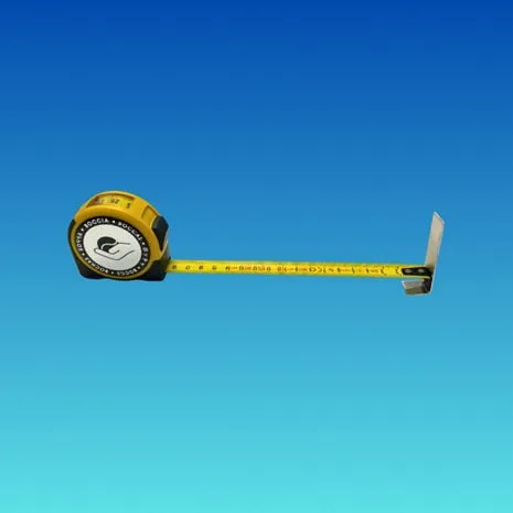 A yellow retractable measuring tape with a boccia logo and a metal end hook, extended.