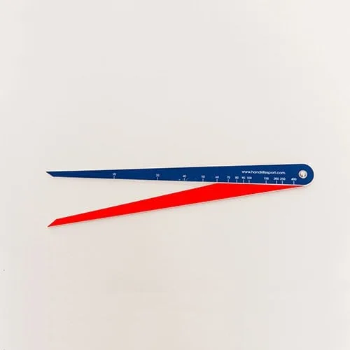 A long blue-and-red V-shaped measuring calliper with a printed scale.