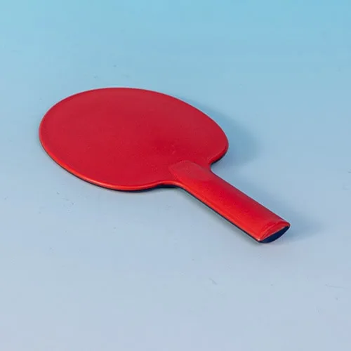 A boccia referee paddle, red on top with a blue underside and a short handle.