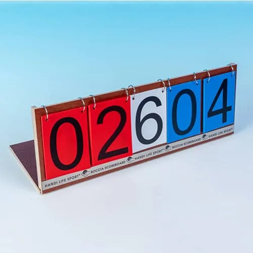 A folding boccia scoreboard with large flip numbers on red, white and blue cards.