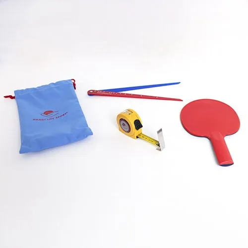 A blue drawstring bag with a red paddle, a red-and-blue calliper and a yellow tape measure.