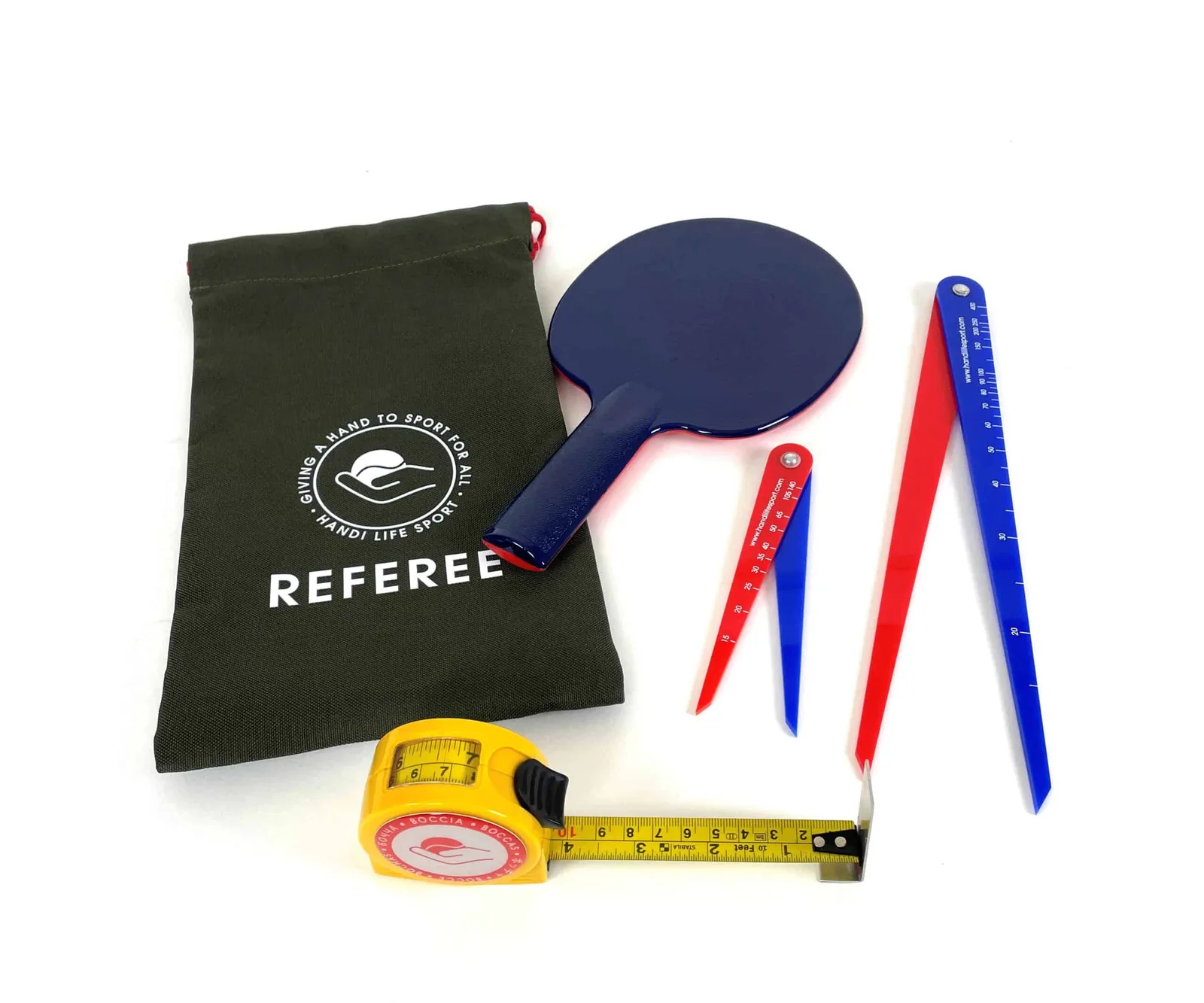 Boccia referee kit: green bag, navy paddle, red and blue callipers and a yellow tape measure.