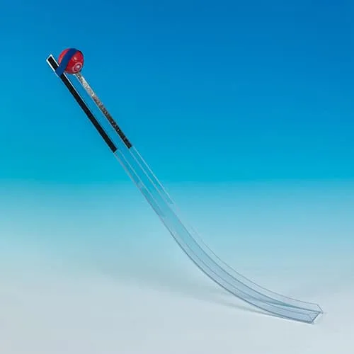 A long, curved transparent boccia ramp with a ball held at the top by a release pointer.