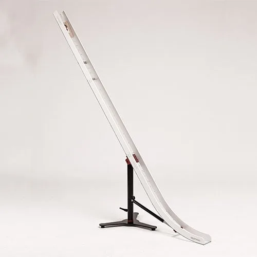 A long white curved aluminium boccia ramp with a measuring scale, on an adjustable black stand.