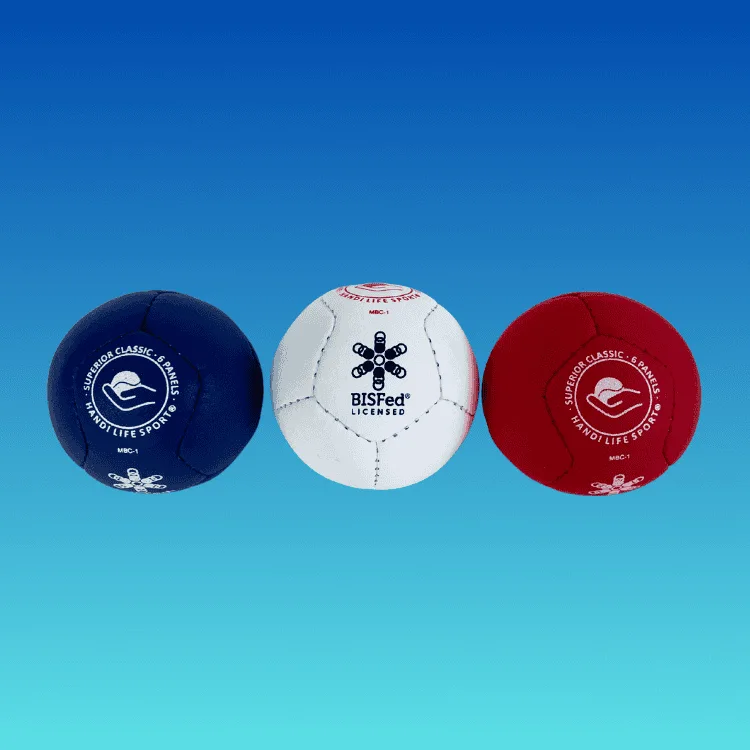 Three six-panel boccia balls in navy, white and red, stamped “Superior Classic 6 Panels”.
