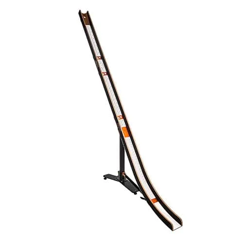 A tall curved wooden boccia ramp with orange markers, standing on a black metal foot.