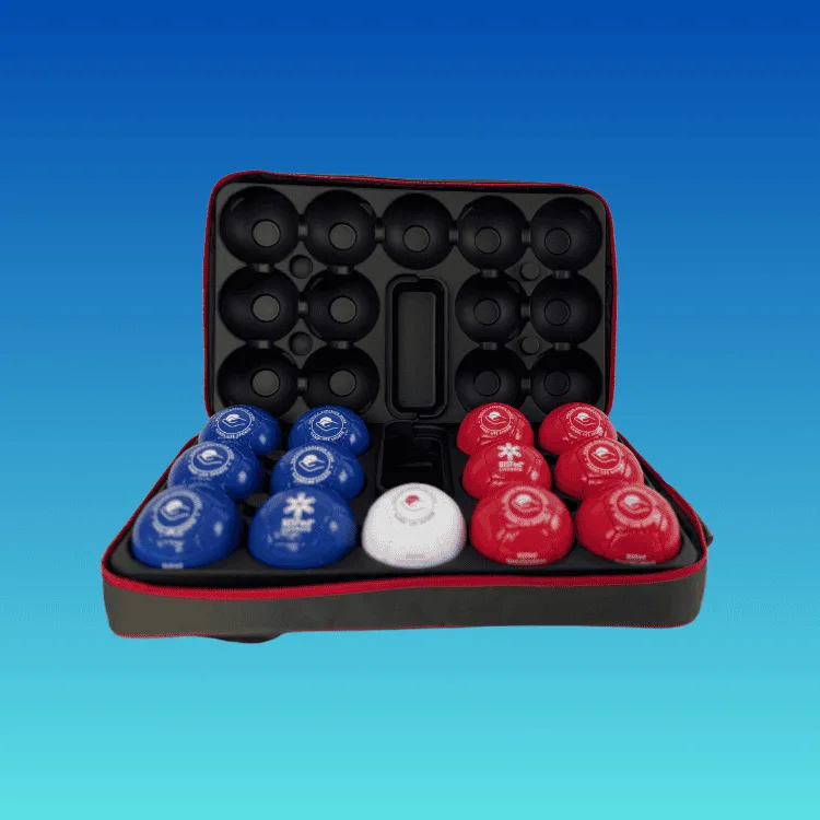 Open black-and-red boccia case holding blue and red shiny balls and one white target ball.