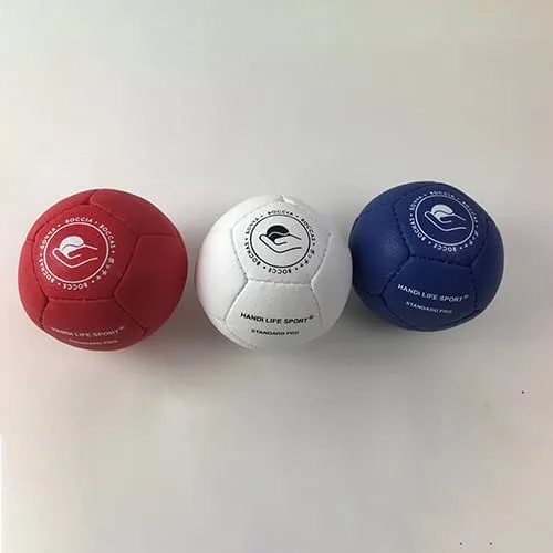 Three Standard Pro boccia balls in red, white and blue with the Handi Life Sport logo.