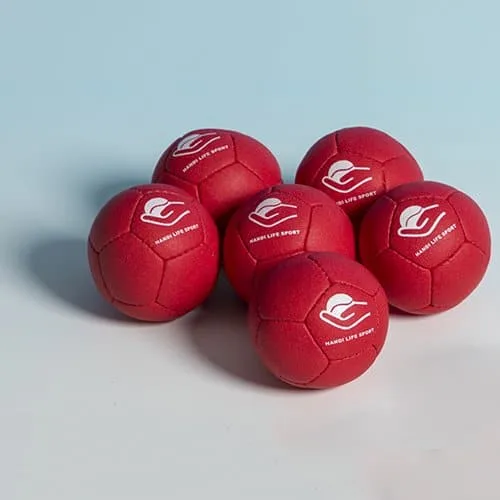 A group of small red Boccia 200 balls with the Handi Life Sport logo.