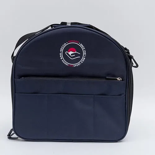 A navy boccia shoulder bag with a zipped front pocket and a detachable strap.
