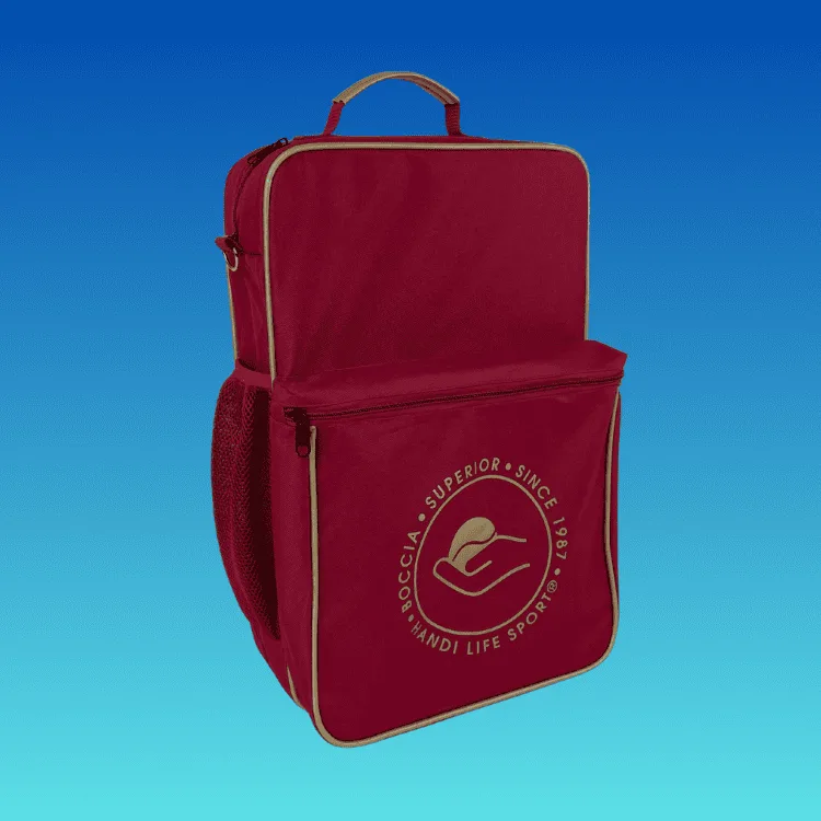 Wine-red boccia backpack with gold trim, large front pocket and mesh side pocket.