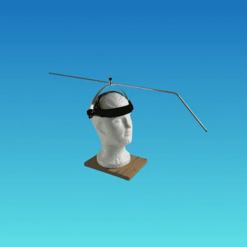 A headband with a thin metal pointer arm, shown worn on a foam display head, front view.