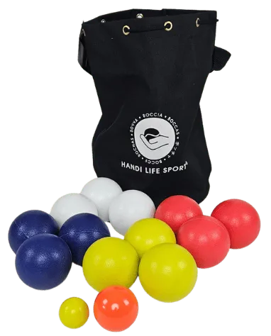 A black bag with soft petanque balls in white, blue, yellow and red, plus small target balls.