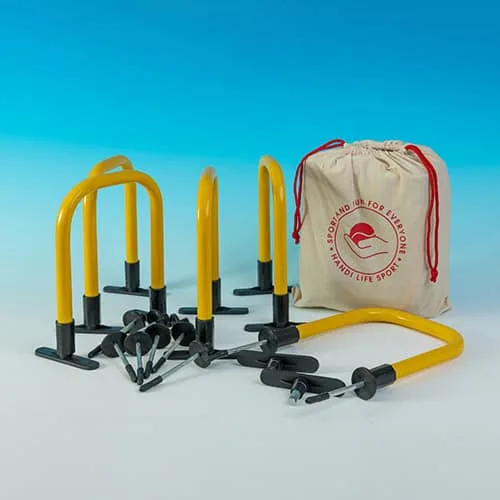 Five yellow passing hoops with black feet and spears, beside a cotton drawstring bag.