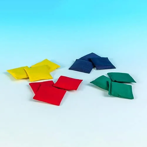 Twelve bean bags in red, blue, yellow and green, three of each colour.