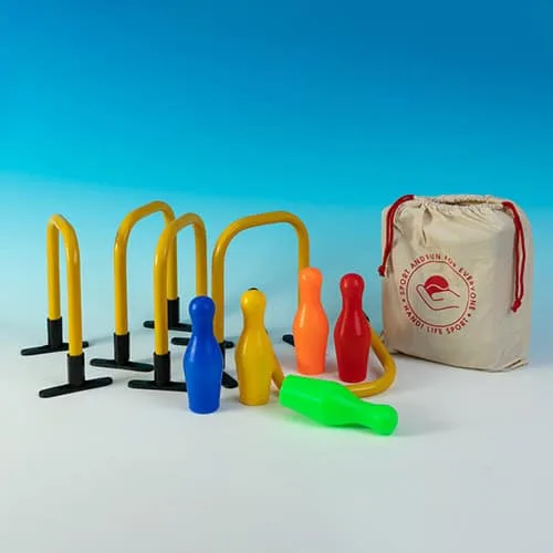 Five yellow hoops on feet and five coloured skittles with a green bowling ball and a cotton bag.
