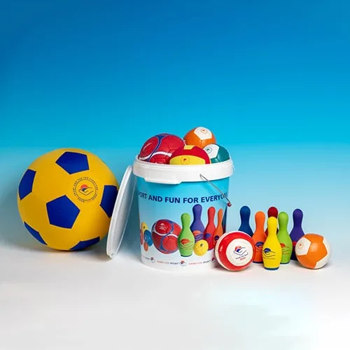 A rehab kit: a tub of colourful balls and skittles with a yellow-and-blue foam football.