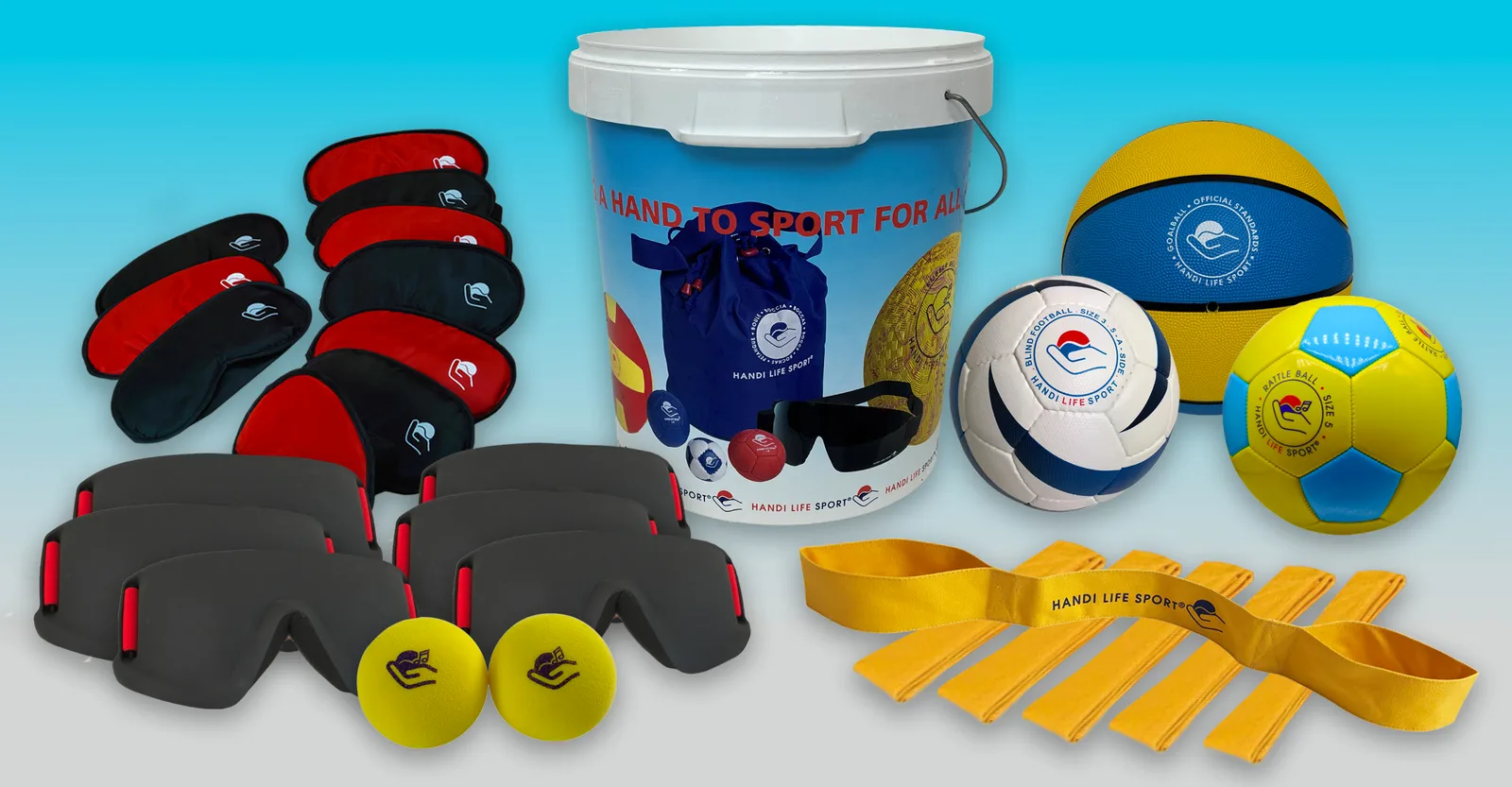 A blind-sports kit: a tub, black and red masks, a goalball, blind football, torball, tennis balls and yellow tethers.