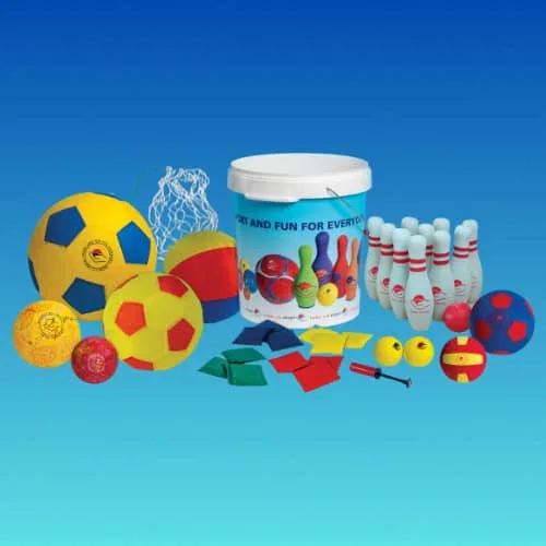A soft activity kit: a tub with soft footballs, skittles, smaller balls and bean bags.