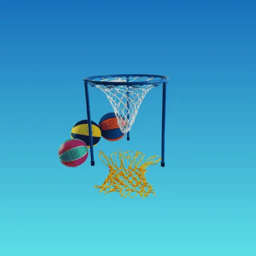 A blue free-standing hoop goal with a white net, three colourful balls beside it and a spare yellow net.