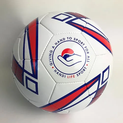A large white football with red and blue markings marked “Giving a Hand to Sport for All”.
