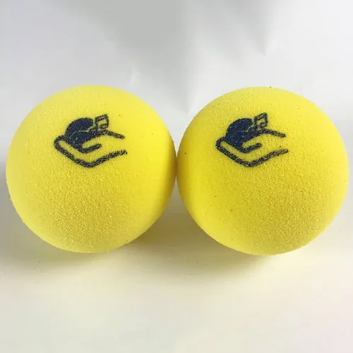 Two yellow foam blind-tennis balls with the Handi Life Sport logo.
