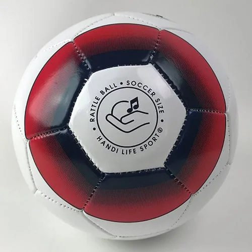 A white, red and black size-4 football marked “Rattle Ball Soccer Size”.