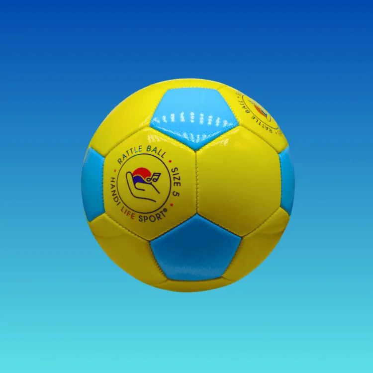 A yellow and light-blue size-5 sound ball marked “Rattle Ball Size 5”.