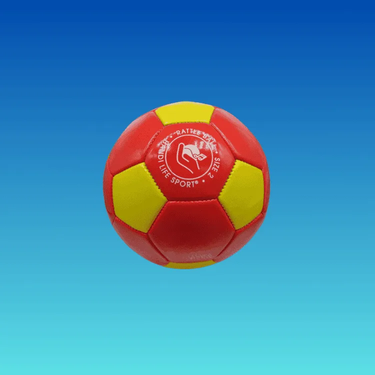 A small red and yellow size-2 ball marked “Rattle Ball Size 2”.