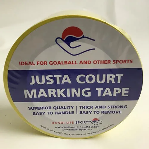 A roll of yellow Justa Court Marking Tape with a goalball label.