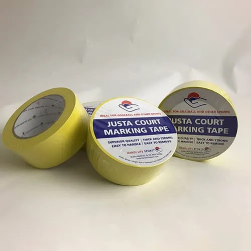 Three rolls of yellow Justa Court Marking Tape with goalball labels.