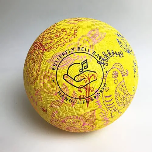 A yellow ball with red, pink and blue butterfly patterns marked “Butterfly Bell Ball”.