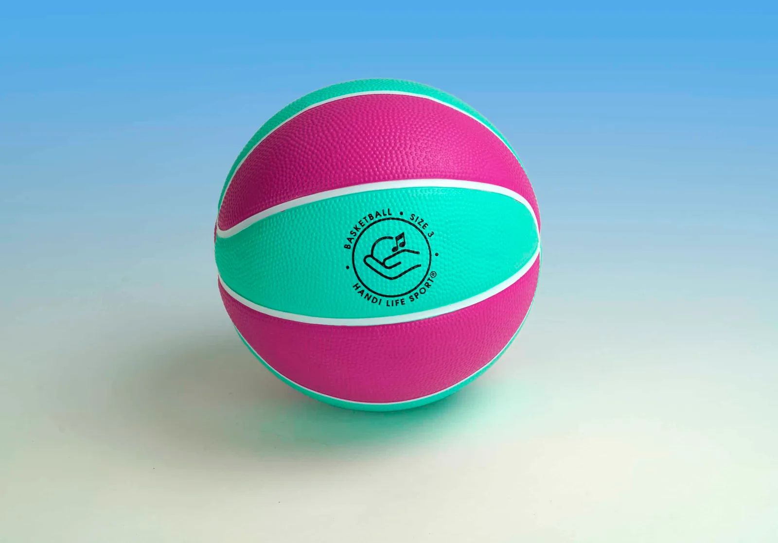 A pink and teal size-3 basketball marked “Basketball Size 3”.