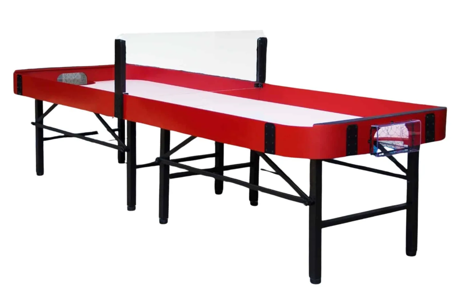 A red showdown table with raised walls, end pockets and a clear centre screen.